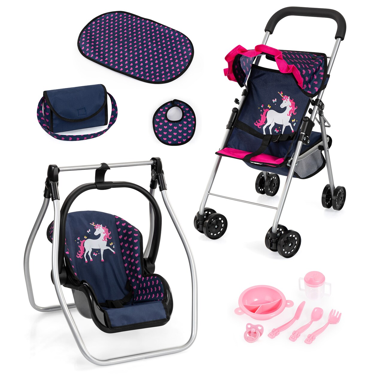 Bayer: 11 Piece Stroller Set - Navy, Pink, Hearts, Unicorn - Swing, Bag, Changing Mat, Feeding Accessories for Dolls, Kids Toy, Ages 3+